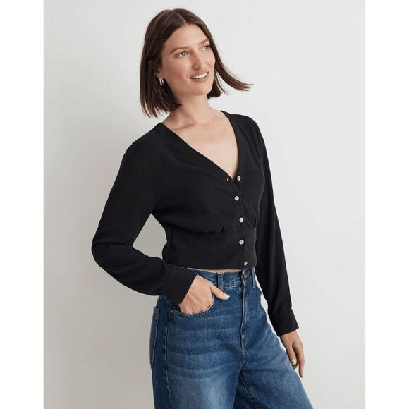Madewell Lusterweave V-Neck Button-Front Shirt Black Size XXS‎ NWOT - Picture 1 of 6